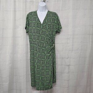 Jones New York Green Blue Faux Wrap Dress Geometric Ruched Retro 1X
